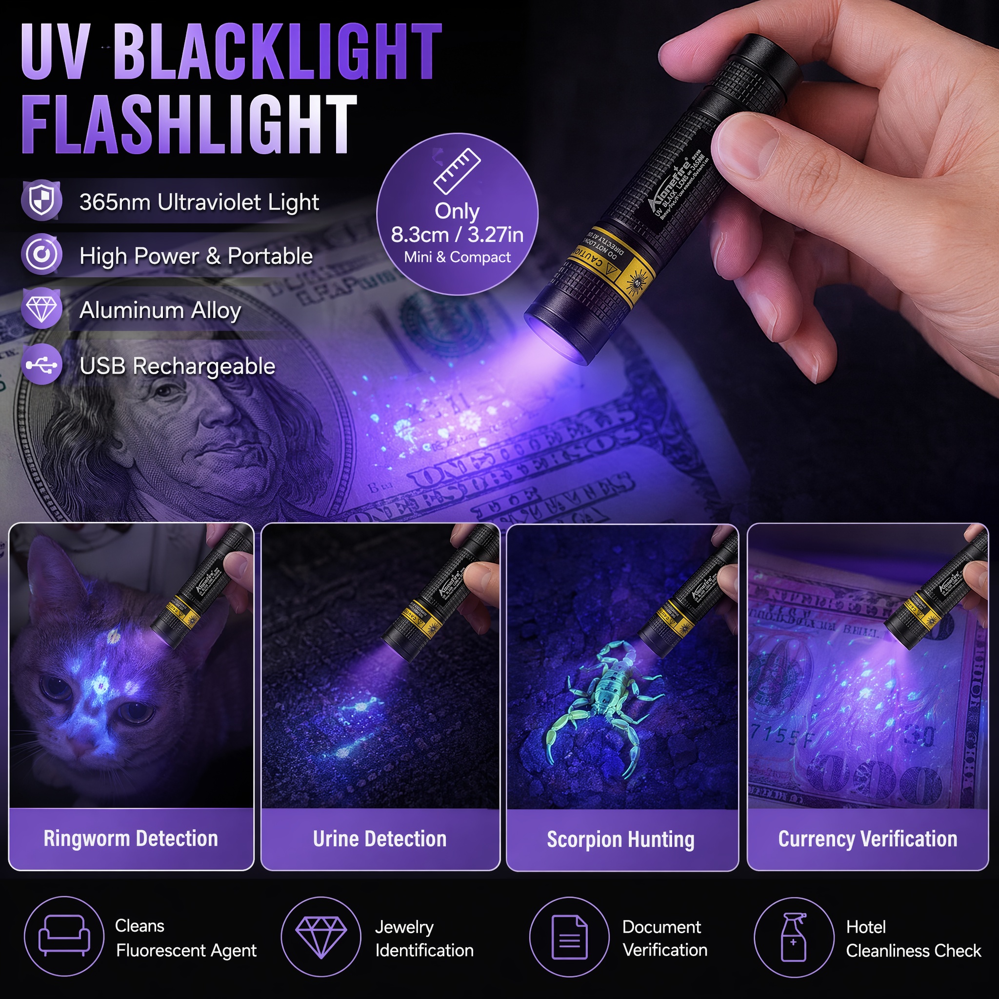 Mini 365nm UV Flashlight Black - Uv Led Lamp Printer recension och pris